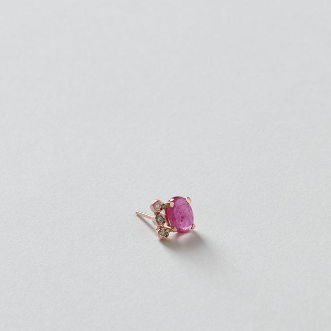 Oval Ruby and 3 Diamond Stud 14k Rose Gold