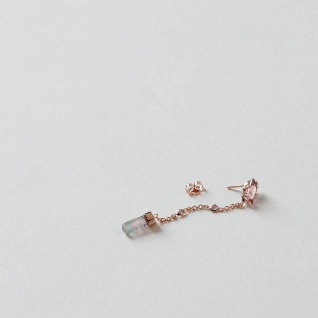 Pink Tourmaline Baguette and 2 Diamond Chain Crystal Drop Earring 14K Rose Gold