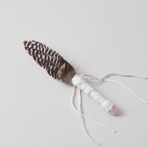 Feather with white fabric wrapped handle with Rose Quartz Orb