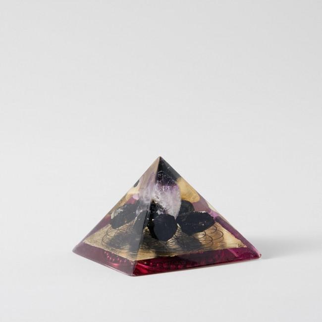 Amethyst Bk Tourmaline Flower of Life Gold and Purple Orgone Pyramid