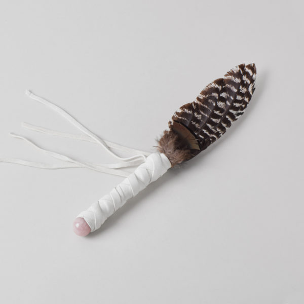 brown+white feather with white fabric wrapped handle with Rose Quartz Orb