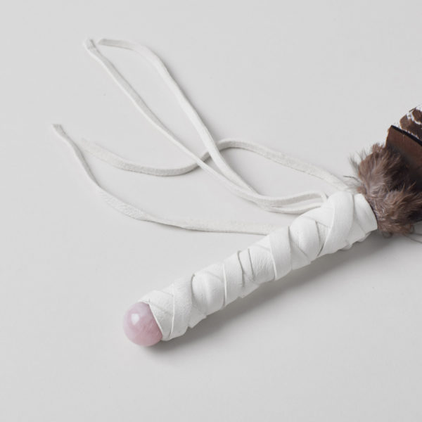 Feather with white fabric wrapped handle with Rose Quartz Orb